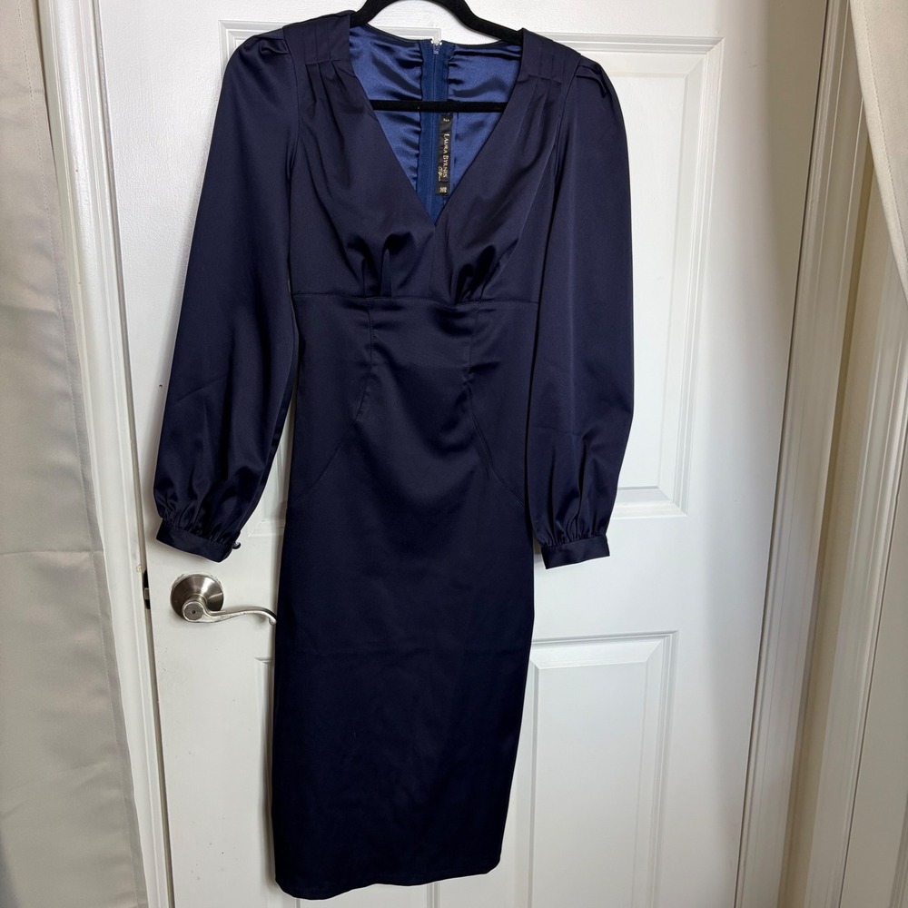 Laura Byrnes California Navy Blue Satin V-Neck Bishop Sleeve Wiggle Dress Small